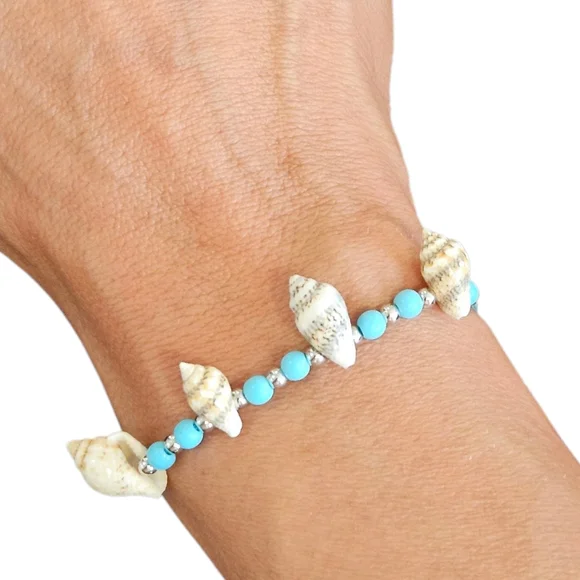 NWT - Handmade Blue, Silver And Seashell Adjustable Bracelet - Picture 4 of 8